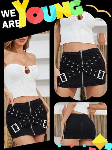 تنورة جينز نسائية y2k بسحاب تنورة جينز صغيرة تنورة البضائع مع تصميم حزام متقاطع بخصر منخفض in Kuwait