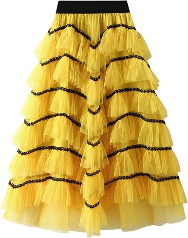 Women's Mid-Length Lace A-line Skirt Multi-Lay Casual Tulle Mesh Irregular Pleated Dance Skirts in Saudi Arabia