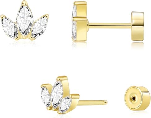 Threadless Flat Back Earrings, Hypoallergenic 14K Real Gold Plated CZ Leaf Stud Earrings | Cartilage Earring | Tragus Helix Piercing Jewelry | Push in Flatback Earrings for Women in Saudi Arabia