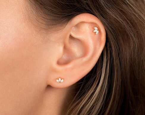 Threadless Flat Back Earrings, Hypoallergenic 14K Real Gold Plated CZ Leaf Stud Earrings | Cartilage Earring | Tragus Helix Piercing Jewelry | Push in Flatback Earrings for Women in Saudi Arabia