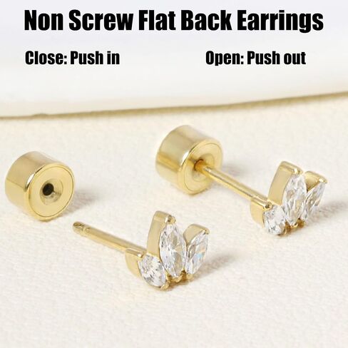 Threadless Flat Back Earrings, Hypoallergenic 14K Real Gold Plated CZ Leaf Stud Earrings | Cartilage Earring | Tragus Helix Piercing Jewelry | Push in Flatback Earrings for Women in Saudi Arabia