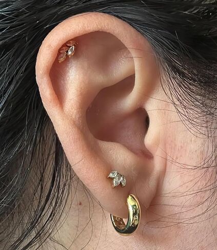 Threadless Flat Back Earrings, Hypoallergenic 14K Real Gold Plated CZ Leaf Stud Earrings | Cartilage Earring | Tragus Helix Piercing Jewelry | Push in Flatback Earrings for Women in Saudi Arabia