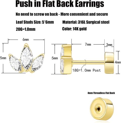 Threadless Flat Back Earrings, Hypoallergenic 14K Real Gold Plated CZ Leaf Stud Earrings | Cartilage Earring | Tragus Helix Piercing Jewelry | Push in Flatback Earrings for Women in Saudi Arabia