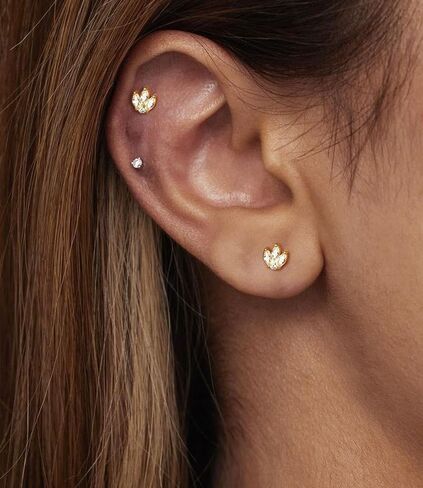 Threadless Flat Back Earrings, Hypoallergenic 14K Real Gold Plated CZ Leaf Stud Earrings | Cartilage Earring | Tragus Helix Piercing Jewelry | Push in Flatback Earrings for Women in Saudi Arabia