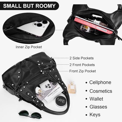 حقيبة كتف YFGBCX من الجلد الصناعي مع جيوب متعددة وتصميم مرصع، حقيبة كتف عصرية ببرشام فاسق، حقيبة حمل للعمل in Kuwait