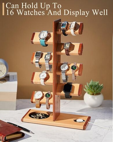 Wooden Watch Stand Watch Holder 9 in One Multiple Watch Display Tower Wood Watch Display Stand with Charging Station Jewelry Organizer for Rings Necklaces Coins Gifts for Men Women in Saudi Arabia