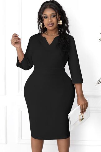 Runwind Women's Plus Size Midi Dresses for Curvy Women Church Work Pencil Dress V Neck 3/4 Sleeve in Saudi Arabia