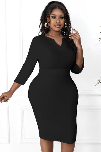 Runwind Women's Plus Size Midi Dresses for Curvy Women Church Work Pencil Dress V Neck 3/4 Sleeve in Saudi Arabia