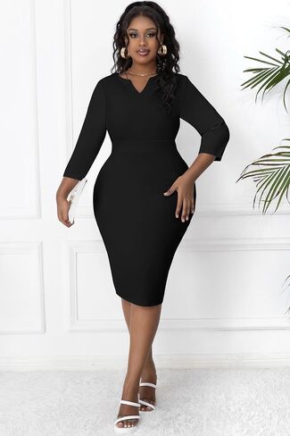 Runwind Women's Plus Size Midi Dresses for Curvy Women Church Work Pencil Dress V Neck 3/4 Sleeve in Saudi Arabia