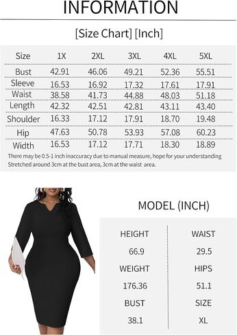 Runwind Women's Plus Size Midi Dresses for Curvy Women Church Work Pencil Dress V Neck 3/4 Sleeve in Saudi Arabia