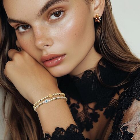 Gold beaded Pearl Heart Bracelets for Women, Cute Handmade Stackable Boho Beads Ball Friendship stretch Bracelet Summer Beach Jewelry Gift in Saudi Arabia
