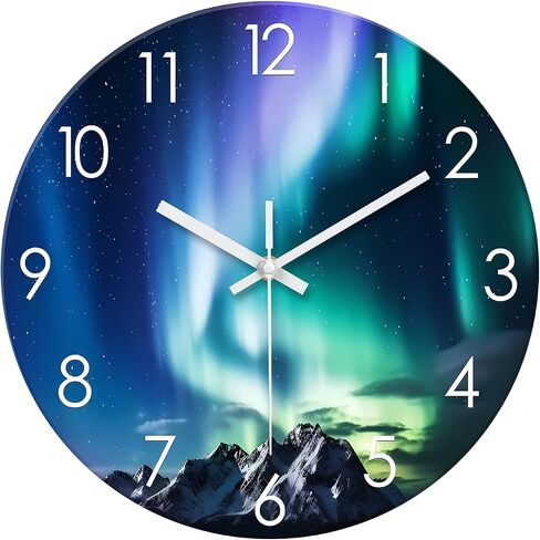 ساعة حائط زجاجية زرقاء مخضرة تعمل بالبطارية 12 بوصة - ساعة حائط أورورا حديثة لغرفة النوم والمطبخ وغرفة المعيشة والمكتب - ساعة حائط بحيرة جليدية صامتة in Saudi Arabia