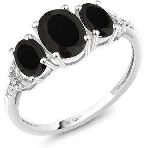 Gem Stone King 10K White Gold Oval Black Onyx and Diamond 3-Stone Engagement Ring For Women (1.52 Cttw, Gemstone Birthstone, Available In Size 5, 6, 7, 8, 9)