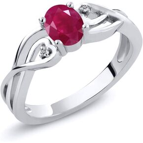 Gem Stone King 0.61 Ct Oval Red Ruby White Lab Grown Diamond 925 Sterling Silver Women's Ring