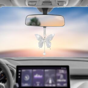 Bling Butterfly Diamond Car Hanging Accessories, Crystal Car Rear View Mirror Charms, Charms Good Luck Gifts Amulet Ornament Hanging Interio Car Decoration for Women Interior(White)