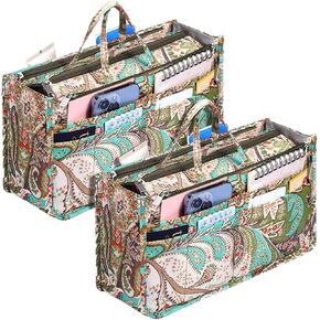 2 Pcs Printing Handbag Organizers Peacock Flower Purse Tote Organizer Insert Liner Bag with 13 Pockets, High Capacity, for Women Tote, Handbag Organizer