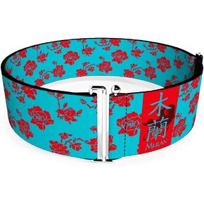Buckle-Down Disney Belt, Cinch Belt Mulan Kanji Floral Collage Turquoise Red, 3.0 Inch Wide, Adjustable