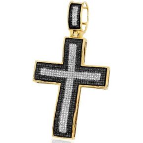 Dazzlingrock Collection 1.50 Carat (ctw) Yellow Plated White & Black Diamond Mens Hip Hop Cross Pendant, Sterling Silver