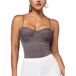 SHENHE Women's Ruched Bustier Corset Top Spaghetti Strap Lace Trim Fitted Sexy Crop Top Party Top