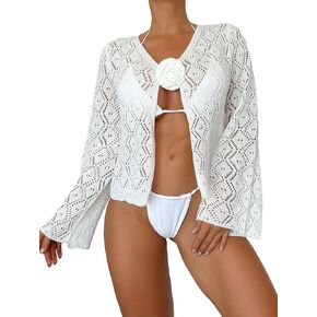 WDIRARA Women's Boho Hollow Out Floral Appliques Swimwear Crochet Knit Long Sleeve Beach Cover Ups