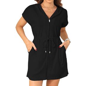 Yonique Terry Cloth Cover Ups - Hooded Cotton Swim Sun Cover-up with Zipper Pockets Beach Swimsuits