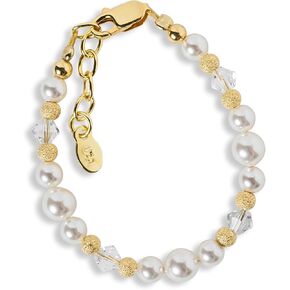 Cherished Moments 14K Gold Plated Bracelet for Babies, Toddlers, Kids, and Little Girls with High-End Simulated Pearls, Crystals and Gold Sparkle Beads