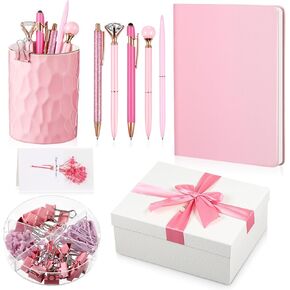 Pen Holder Sets School Offices Supplies Ceramic Pencil Holder A5 Journal Notebook Ballpoint Pens Office Clips Set Greeting Card with Gift Box Stationery for Teacher Colleague(Classic,Pink)