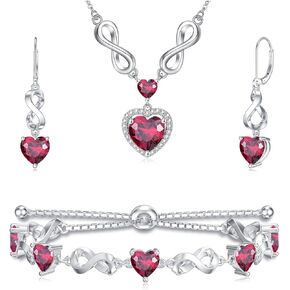 Ruby Red Infinity Jewelry Set 925 Sterling Silver Bracelet Earrings and Neacklace 925 Sterling Silver for Women Heart Birthstone Adjustable Jewelry Gifts