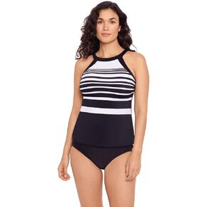 Reebok Women's Swimwear Insta Stripe Soft Cup Adjustable Strap High Neck Tankini Top