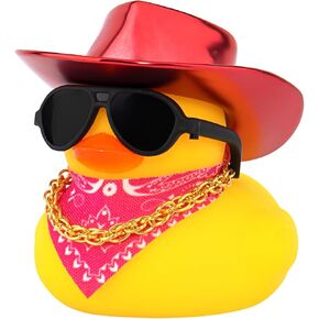 wonuu Bright Cowboy Hat Rubber Ducks, Dashboard Decorations Duck for Car Ornament Accessories with Hat SunGlasses Scarf Chain, Red