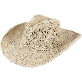 Straw Cowboy Hat for Women Sun Hat with Wide Brim Western Cowboys Hat Breathable Foldable Beach Travel Fashionable
