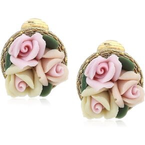 1928 Jewelry Women's 3 Flower Pink & White Porcelain Flower Round Button Clip On Earrings