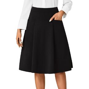 Rooscier Women's High Waist Pleated Flared A Line Elegant Midi Skirt with Pockets