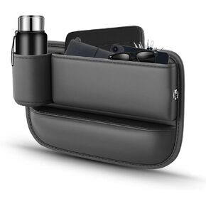 Car Front Leather Seat Gap Filler Organizer with Cup Holder Vehicle Pockets Between Seats Side Crack Slot Storage Box Auto Buddy Bag Insert Fillers Organiser for Phones Glasses, Keys Cards