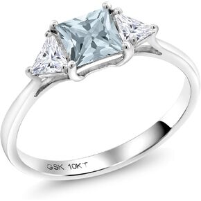 10K White Gold Sky Blue Aquamarine and White Moissanite from Charles & Colvard 3 Stone Engagement Ring For Women (0.82 Cttw, March Birthstone, Princess 5MM, Trillion 3.5MM)