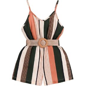 WDIRARA Girl's Cute Stripes Print Color Block Spaghetti Strap Romper V Neck Belted Jumpsuit