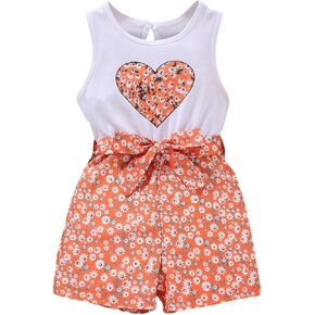 Floerns Girl's Two Piece Outfit Floral Print Sleeveless Belted Tank Rompers