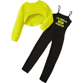 Floerns Girl's 2 Piece Outfit Graphic Print Cami Jumpsuit with Long Sleeve Super Crop Tops