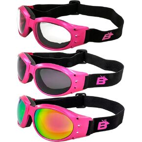 Birdz Eyewear Eagle Padded Womens Motorcycle Goggles 3 Pairs Pink Framse Pink Mirror Clear & Smoke Lenses