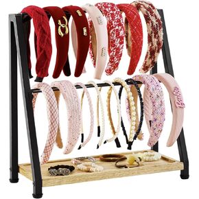 Headband Holder Organizer Metal 2-Tier Display Stand for Selling, Home Bedroom Headband Storage for Girls Women, Headband Stand Wood Base Can Store Hair Ties