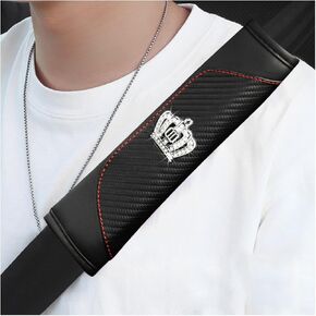2 PCS Car Seat Belt Cover, Carbon Fiber Leather Seat Belt Pads with Bling Rhinestone Crown, Seatbelt Protector for Your Neck & Shoulder, Universal Interior Car Accessories (Black+White)