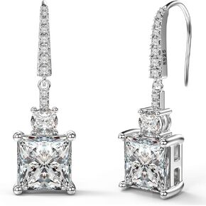 18K White Gold Plated Sterling Silver Square Princess Cut Cubic Zirconia Dangle Earrings for Women CZ Diamond Drop Dangling Earrings for Women Hypoallergenic