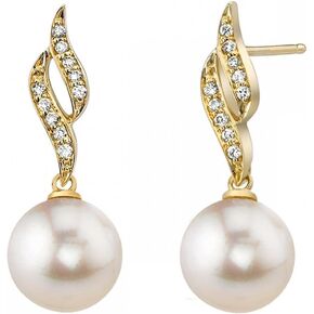 THE PEARL SOURCE 14K Gold AAA Quality Round Genuine White Akoya Cultured Pearl & Diamond Suzanna Earrings for Women