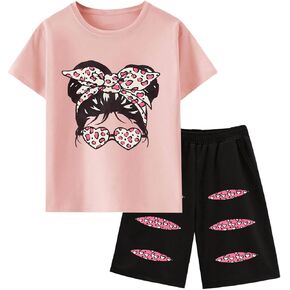 Floerns Girl's Two Piece Sets Graphic Short Sleeve Tee Shirts and Shorts Outfits