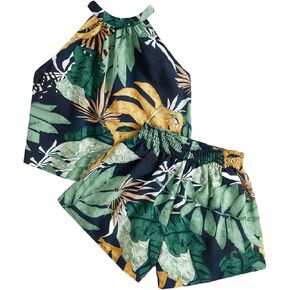 OYOANGLE Girl's 2 Piece Outfit Clothes Tropical Print Sleeveless Halter Top and Wide Leg Shorts