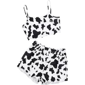 Milumia Girl's Two Piece Outfits Cow Print Lettuce Trim Crop Cami Top and Shorts Set