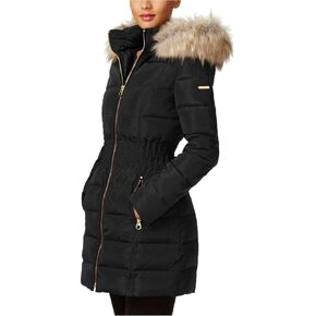 Laundry by Shelli Segal Women's Cinched Waist Puffer Coat with Faux Fur Hood