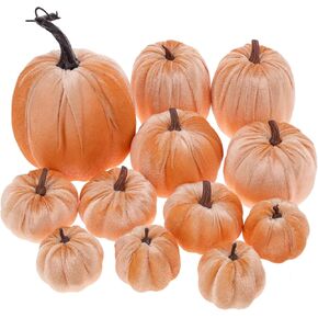 12Pcs Artificial Pumpkin Set Assorted Champagne Velvet Fabric Pumpkin Fall Harvest Decoration Thanksgiving Halloween Party Holiday Foam Fake Pumpkin Decorations