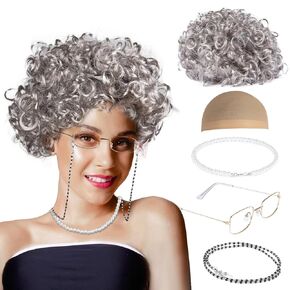 Granny Wig Old Lady Costume Set Old Lady Light Gray Granny Wig Glasses Wig Cap Faux Pearl Bead Necklace Glasses Chain for Party Halloween