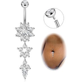 14G Pure G23 Titanium Dangle Belly Button Rings for Women Internally Thread Curved Barbell Belly Rings Dangling Navel Rings CZ Flower Navel Piercing Jewelry 6-16mm